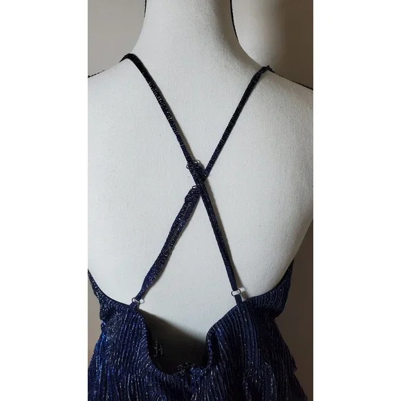 Lulus Blue Silver Metallic Party Mini Dress V Neck Ruffle  Spaghetti Strap large - Picture 10 of 14